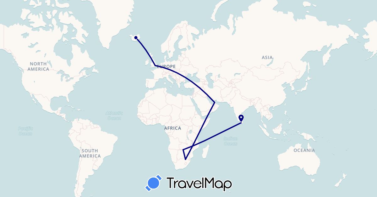 TravelMap itinerary: driving in United Arab Emirates, United Kingdom, Iceland, Sri Lanka, South Africa, Zambia (Africa, Asia, Europe)